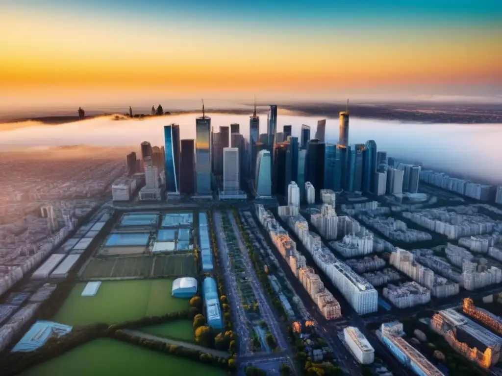 Oportunidades de inversión inmobiliaria: ciudad moderna al atardecer Vibrante ciudad al atardecer con rascacielos modernos reflejando la luz dorada, ideal para inversores en leyes de arrendamiento internacionales