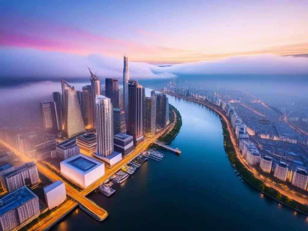 Horizonte urbano iluminado al anochecer Vibrante ciudad al atardecer con rascacielos iluminados reflejados en el río