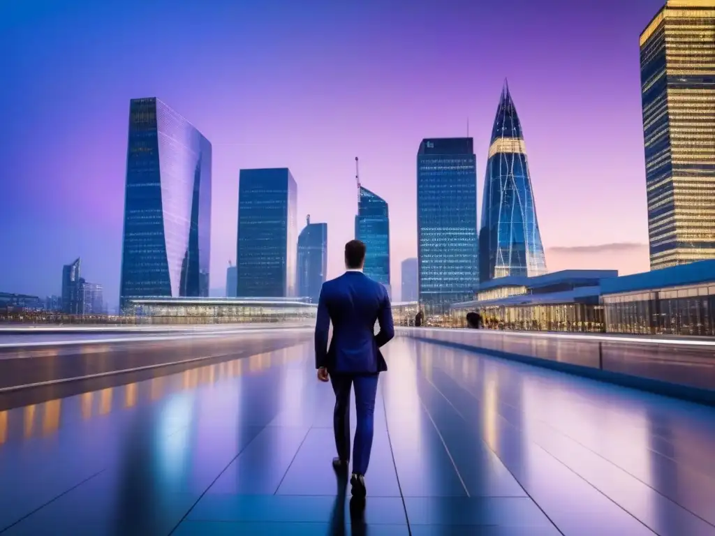 Escenario urbano moderno al anochecer con impacto global de Brexit en mercado inmobiliario Vibrante ciudad al atardecer, con rascacielos de cristal iluminados y ejecutivos en un distrito financiero