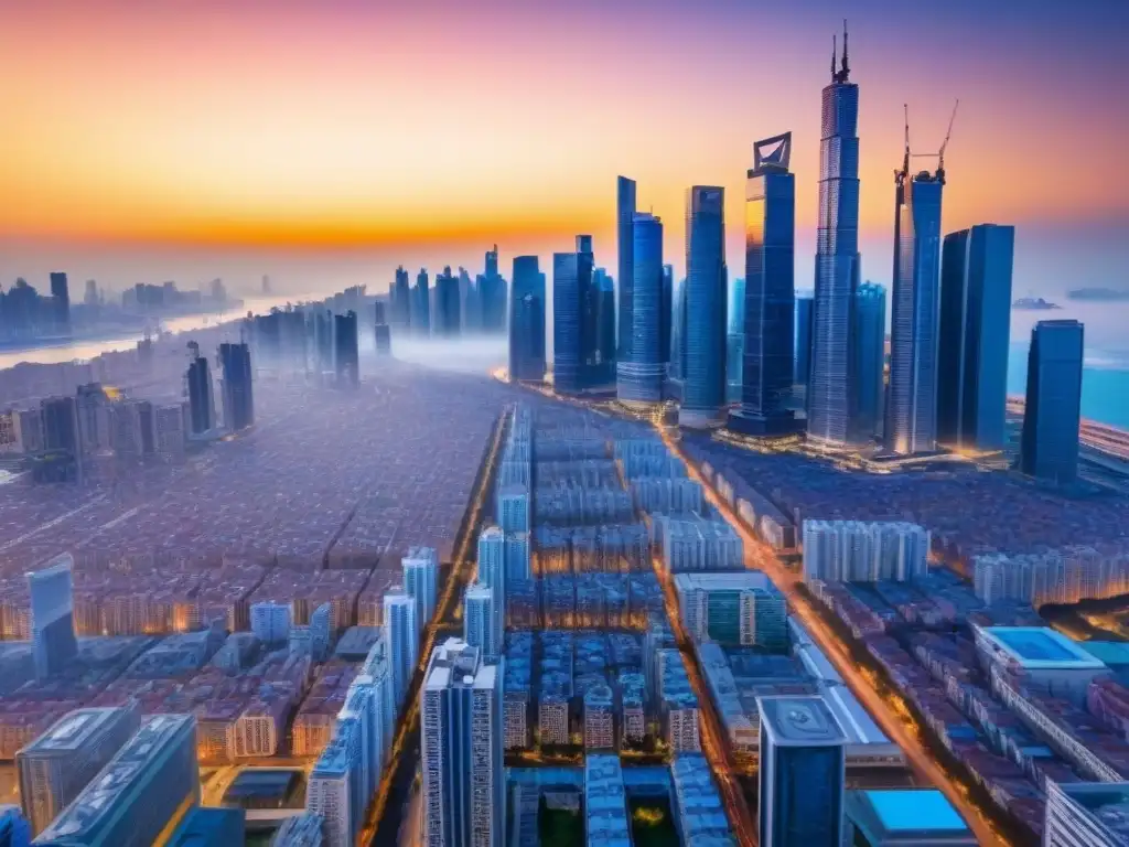 Hotspots inmobiliarios: Ciudad vibrante y diversa al atardecer Vibrante ciudad al atardecer con rascacielos y personas caminando, reflejando hotspots inmobiliarios y migración global