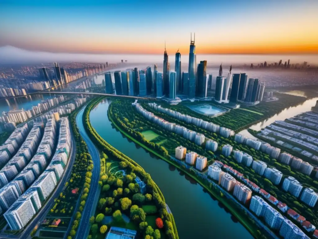 Metrópolis moderna: atardecer vibrante y arquitectura innovadora Vibrante ciudad al atardecer, con rascacielos, áreas verdes y redes viales