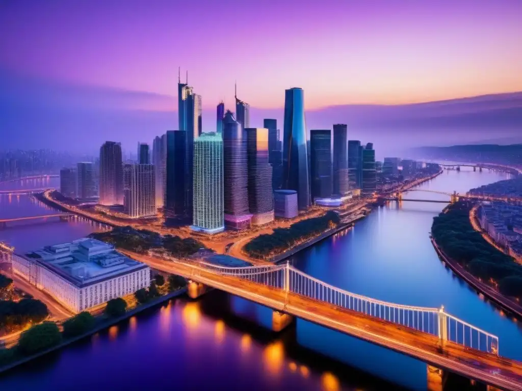 Metrópolis nocturna: luces vibrantes y modernidad urbana en el río Vibrante ciudad al atardecer con rascacielos iluminados y reflejos en el río