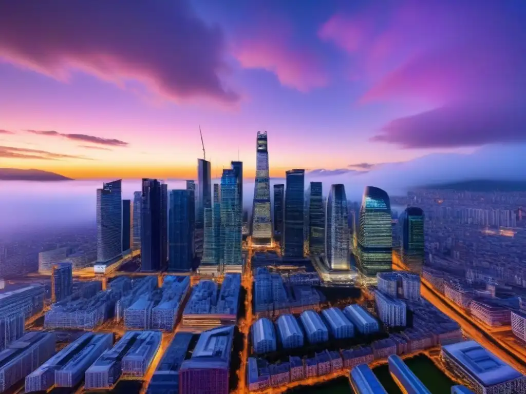 Deslumbrante ciudad al atardecer: mercado inmobiliario en Brexit Vibrante ciudad al atardecer con rascacielos iluminados, reflejando la energía del mercado inmobiliario en la era del Brexit