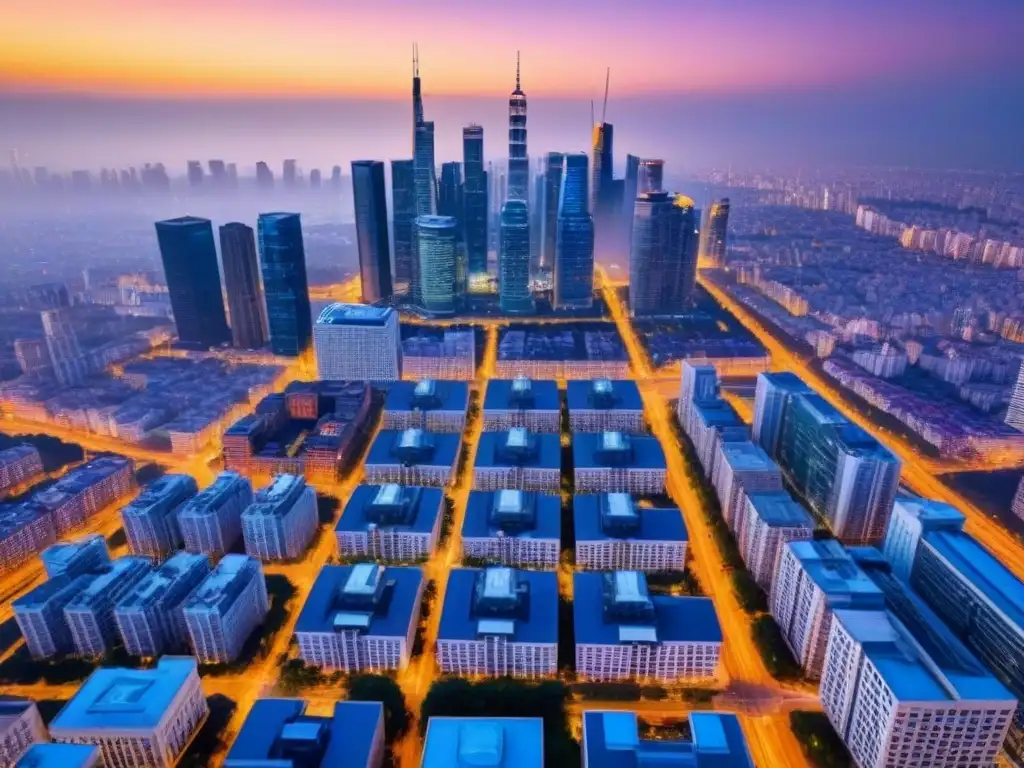 Vista aérea detallada de ciudad moderna al atardecer Vibrante ciudad al atardecer con rascacielos y parques iluminados, reflejando impuestos sobre propiedad internacional