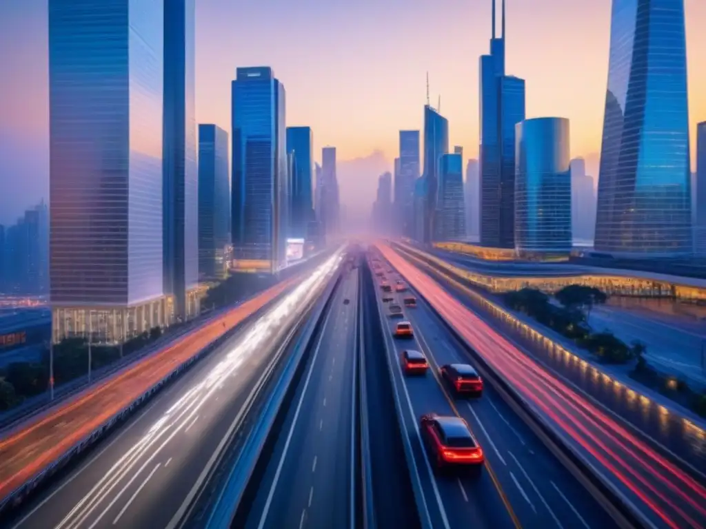 Metrópolis moderna al atardecer: luces, movimiento y elegancia urbana Vibrante ciudad al atardecer con rascacielos iluminados y calles llenas de gente