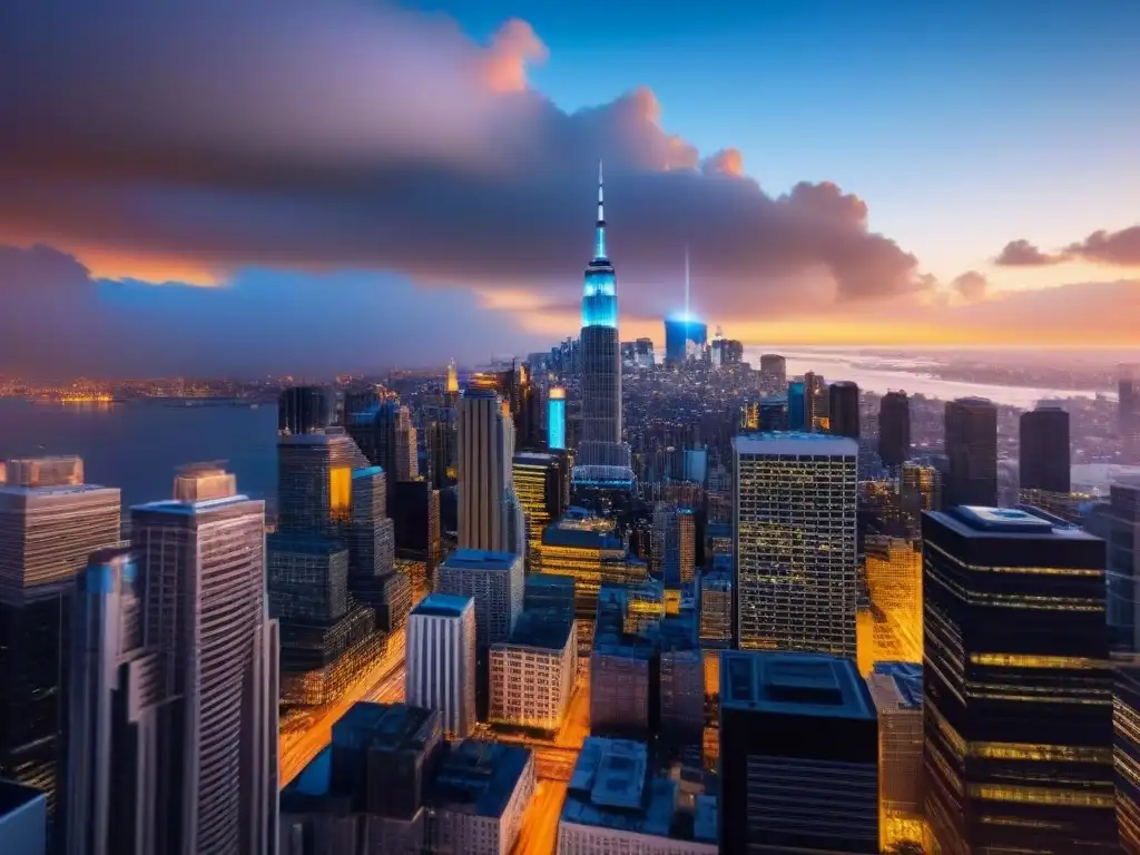 Horizonte urbano moderno al atardecer: luces y negocios Vibrante ciudad al atardecer con rascacielos iluminados y profesionales ocupados