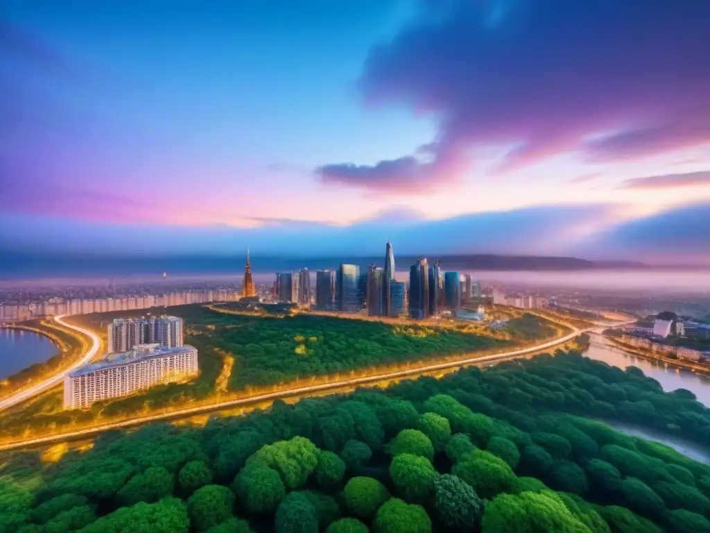 Horizonte urbano al atardecer: rascacielos modernos y parques verdes Vibrante ciudad al atardecer con rascacielos modernos y parques verdes, simbolizando la Ética en mercado inmobiliario internacional