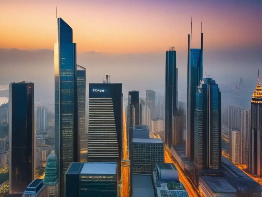 Skyline urbano al atardecer: mercado inmobiliario dinámico y global Vibrante ciudad al atardecer, rascacielos iluminados