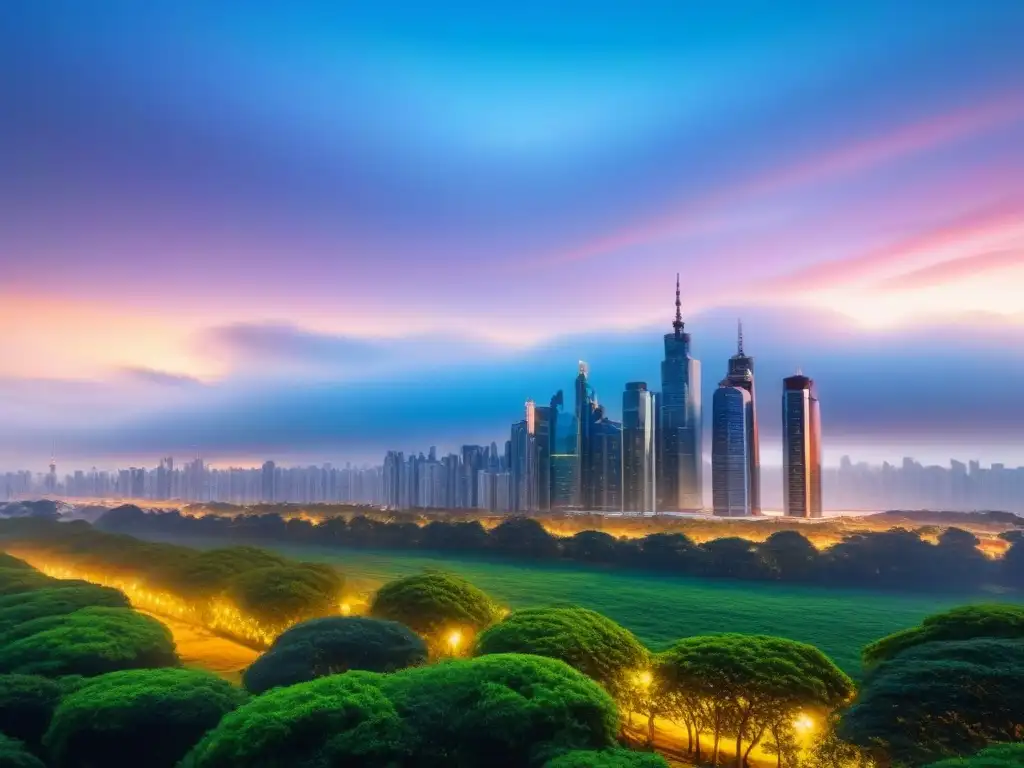 Horizonte urbano al atardecer: ciudad moderna en 8k Vibrante ciudad al atardecer con rascacielos reflejando el sol dorado, parques verdes y arquitectura futurista
