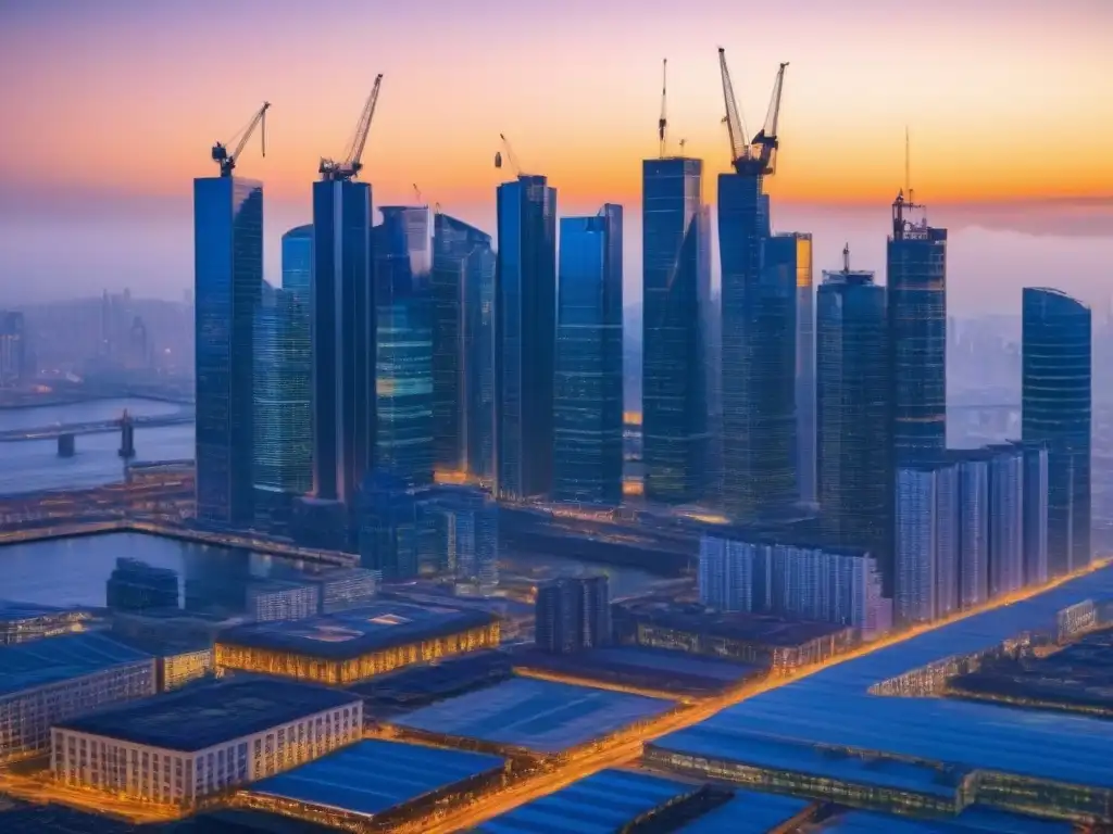Vibrante ciudad al atardecer: modernos rascacielos y ejecutivos en reunión Vibrante ciudad al atardecer con rascacielos iluminados y profesionales debatiendo, reflejando la dinámica de los mercados emergentes