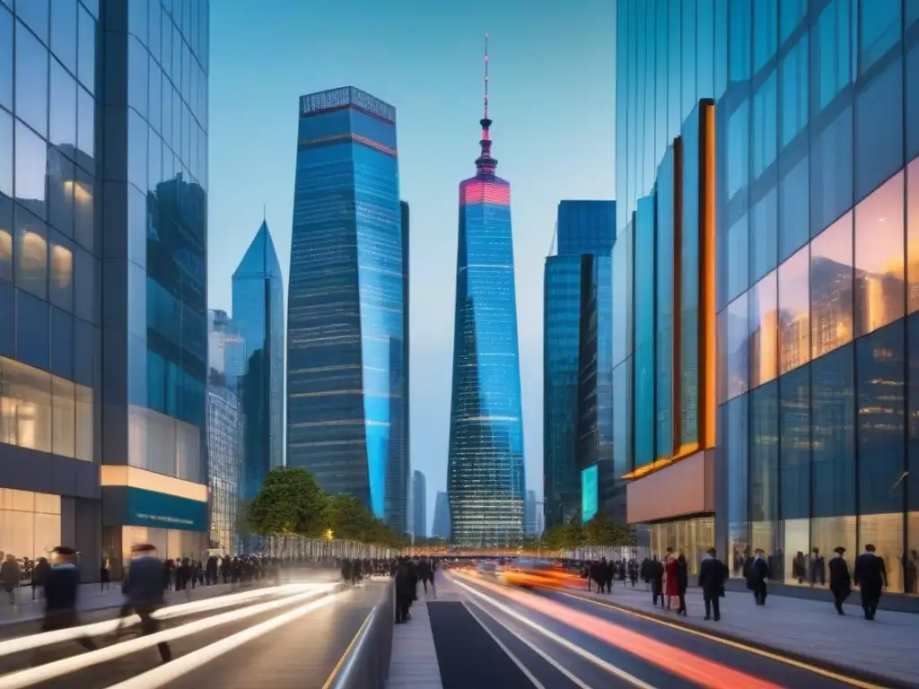 Horizonte urbano nocturno: negocios globales en la ciudad moderna Vibrante ciudad al atardecer con rascacielos iluminados y profesionales en trajes, reflejando el mercado inmobiliario global y regulaciones fiscales
