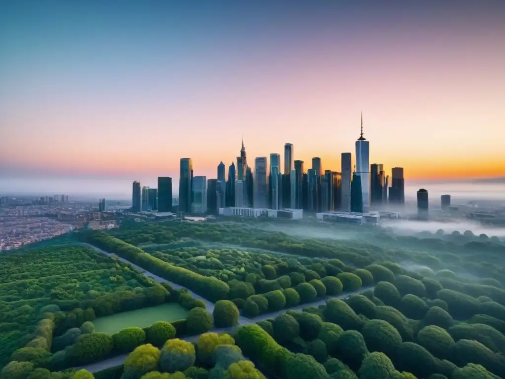 Horizonte urbano al atardecer: mezcla armónica de rascacielos y naturaleza Vibrante ciudad al atardecer: rascacielos modernos, edificios históricos, parques verdes y calles bien planificadas