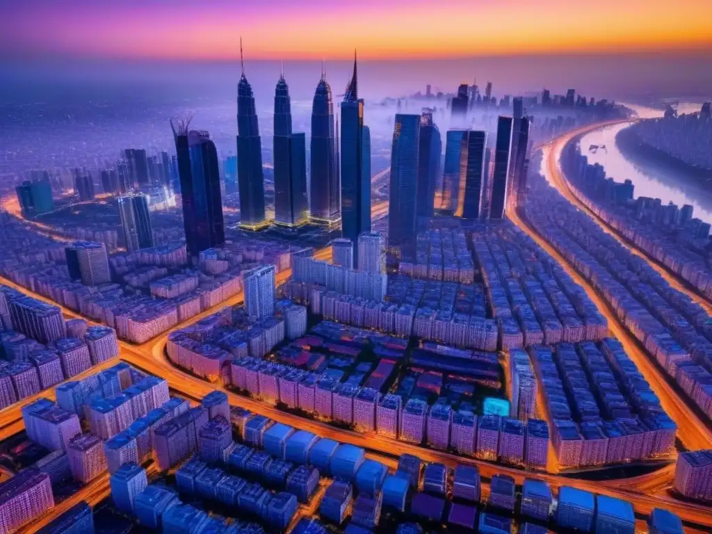 Vista aérea detallada de una ciudad moderna iluminada al atardecer Vibrante ciudad al atardecer con rascacielos y autopistas iluminadas, en área de alto riesgo