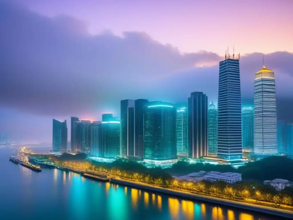 Horizonte urbano vibrante: luces y río reflejan progreso Vibrante ciudad al atardecer, rascacielos iluminados sobre un río sereno