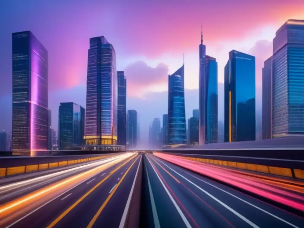 Horizonte urbano al anochecer: modernidad y negocios globales Vibrante ciudad al atardecer con rascacielos modernos iluminados y un bullicioso ambiente urbano