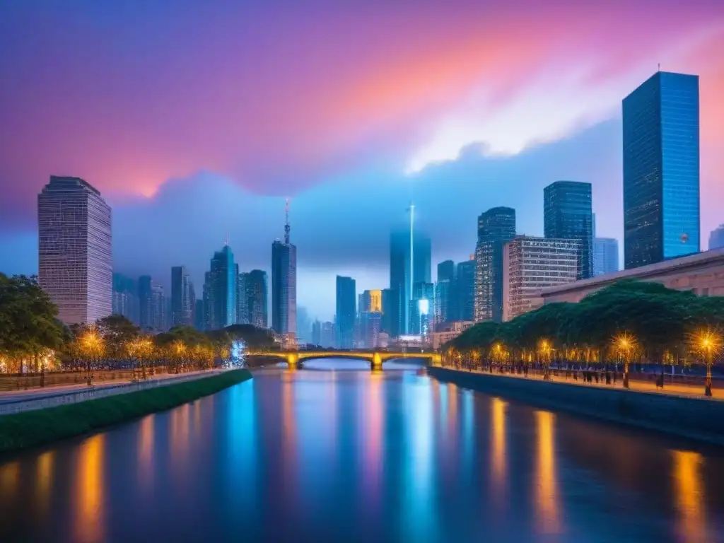 Horizonte urbano moderno al atardecer: luces y arquitectura Vibrante ciudad al atardecer, con rascacielos y luces reflejadas en un río