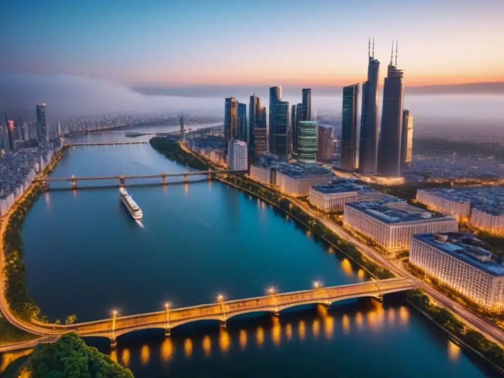 Cityscape urbano en crecimiento al atardecer: luces, ríos y rascacielos Vibrante ciudad al atardecer con rascacielos, espacios verdes y agua, reflejando el potencial de los mercados inmobiliarios emergentes década futura