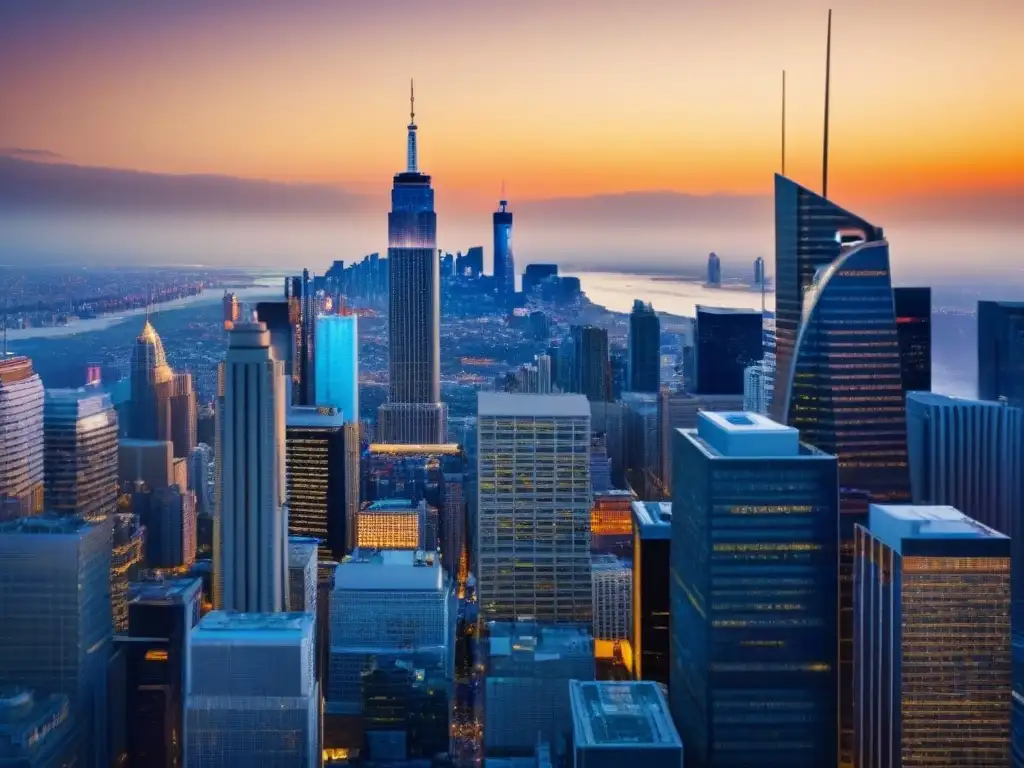 Oportunidades de inversión inmobiliaria: ciudad al atardecer Vibrante ciudad al atardecer con rascacielos iluminados, profesionales hablando