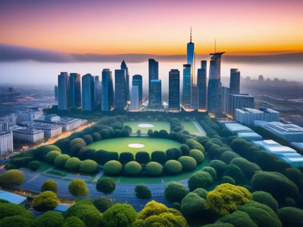 Horizonte urbano dorado al atardecer: crecimiento y oportunidades Vibrante ciudad al atardecer, con rascacielos reflejando el sol dorado, rodeada de parques verdes y calles bulliciosas