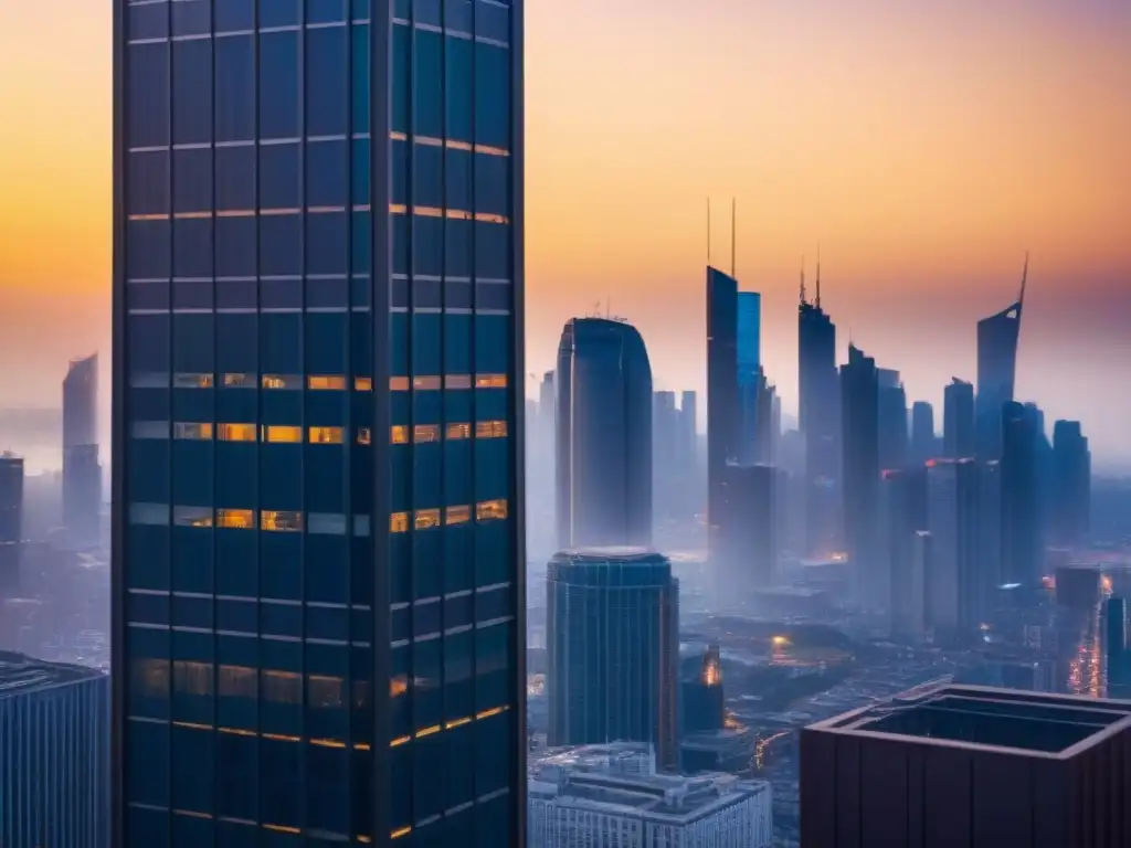 Ciudad moderna al atardecer: inversión internacional y colaboración Vibrante ciudad al atardecer con rascacielos iluminados y profesionales discutiendo, simbolizando beneficios inversión inmobiliaria extranjero