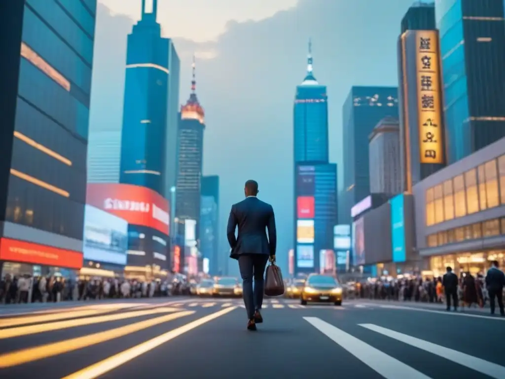 Skyscrapers iluminados: ajetreo urbano y global Vibrante ciudad al atardecer, con rascacielos iluminados y gente apresurada en trajes de negocios