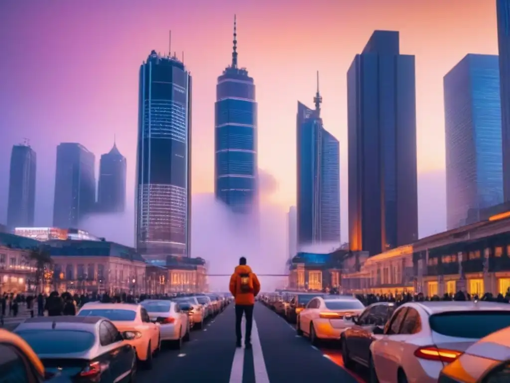 Horizonte urbano moderno al atardecer: crecimiento y oportunidad Vibrante ciudad al atardecer con rascacielos modernos iluminados, reflejando crecimiento en Mercados inmobiliarios emergentes análisis