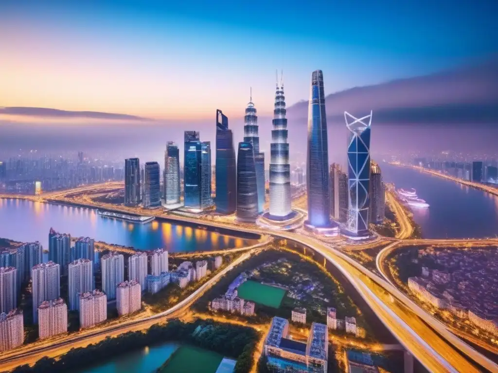 Deslumbrante ciudad nocturna: iconos de blockchain y real estate Vibrante ciudad al atardecer con rascacielos iluminados y red de carreteras, simbolizando oportunidades inversión mercado inmobiliario internacional