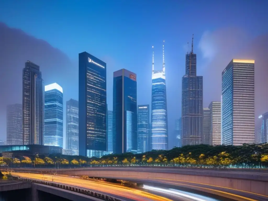 Horizonte urbano moderno al anochecer: crecimiento y oportunidad Vibrante ciudad al atardecer, rascacielos iluminados reflejan vida urbana