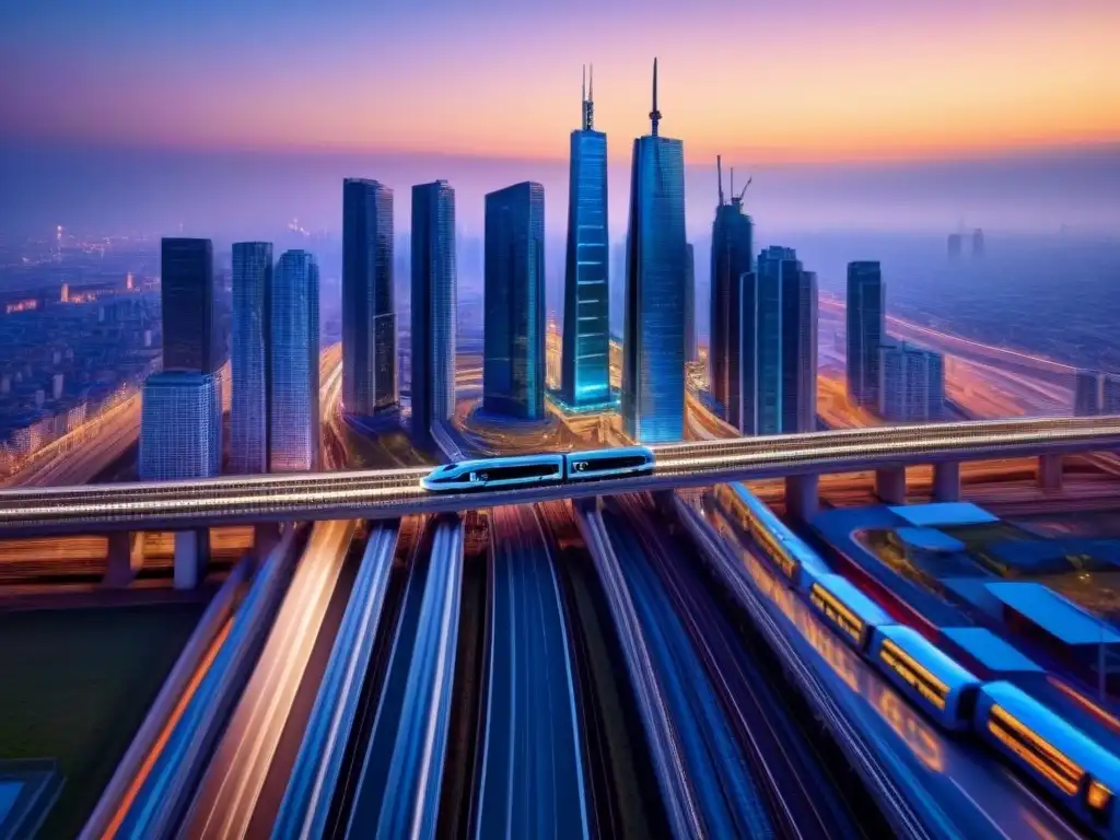 Metrópolis futurista al atardecer: rascacielos, trenes y autopistas iluminadas Vibrante ciudad al atardecer, con rascacielos y trenes futuristas, reflejando el marketing inmobiliario internacional comparativa publicidad