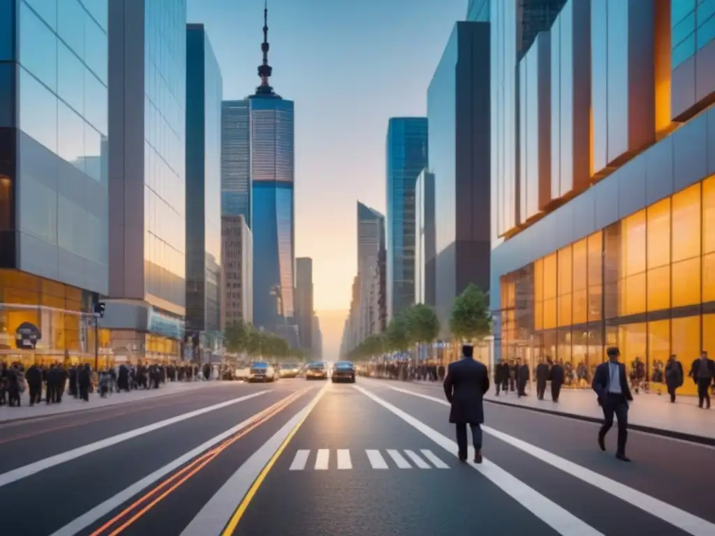 Horizonte urbano moderno al atardecer: crecimiento y oportunidad Vibrante ciudad al atardecer con rascacielos iluminados por el sol, reflejando un mercado inmobiliario en constante cambio