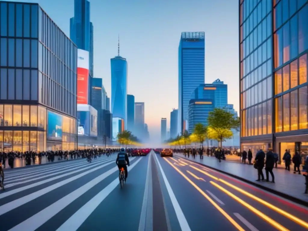 Horizonte urbano futurista: arquitectura sostenible y vida urbana vibrante Vibrante ciudad al atardecer con rascacielos sostenibles iluminados, mostrando un entorno urbano moderno