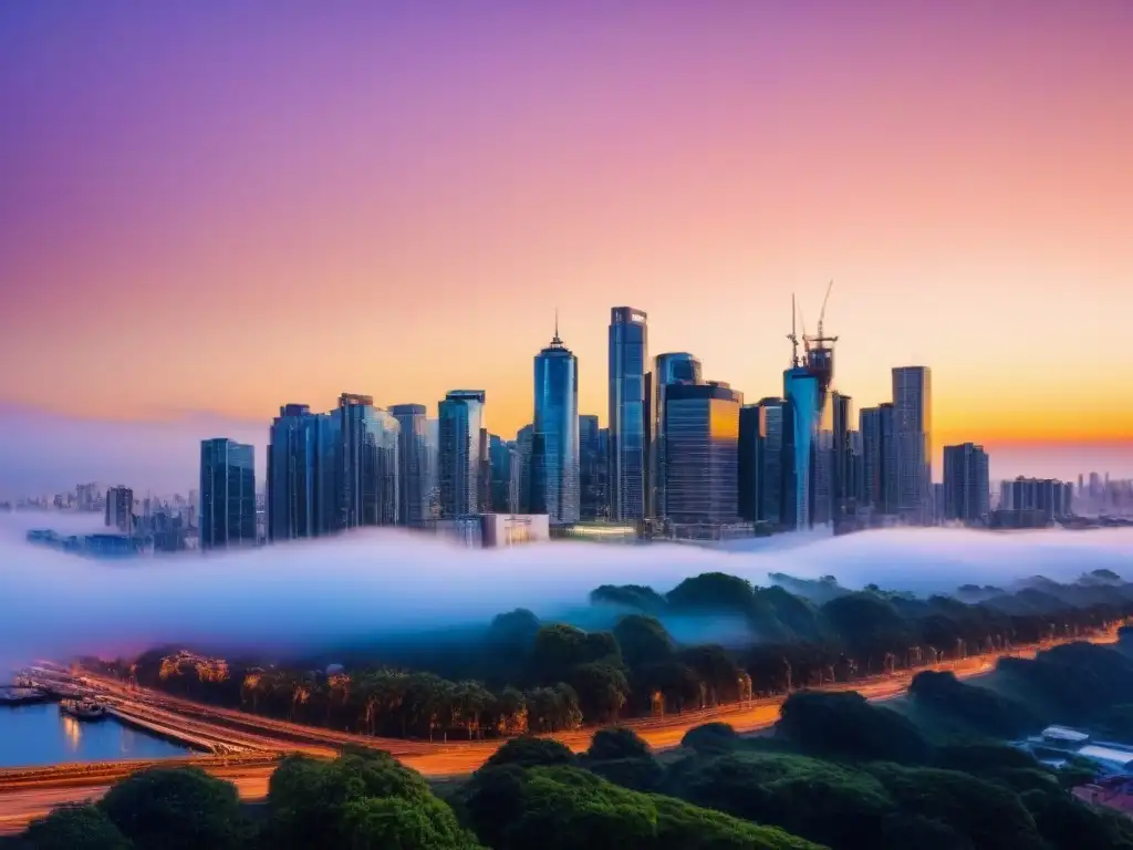 Horizonte urbano al atardecer: símbolo de inversión global Vibrante ciudad al atardecer, con rascacielos iluminados por el sol, simbolizando el crecimiento financiero