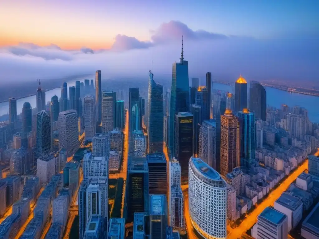 Vibrante ciudad al atardecer con rascacielos iluminados por el sol
