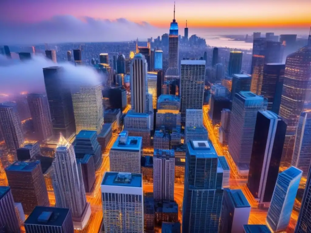 Horizonte urbano al atardecer: metrópolis vibrante y próspera Vibrante ciudad al atardecer con rascacielos iluminados, calles llenas de vida y un ambiente urbano próspero