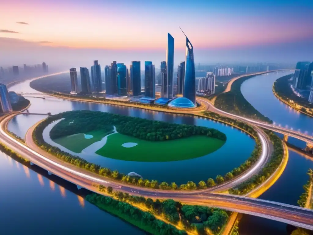 Metrópolis vibrante al atardecer: arquitectura futurista y luces urbanas Vibrante ciudad al atardecer, con rascacielos y carreteras iluminadas, rodeada de vegetación y un río
