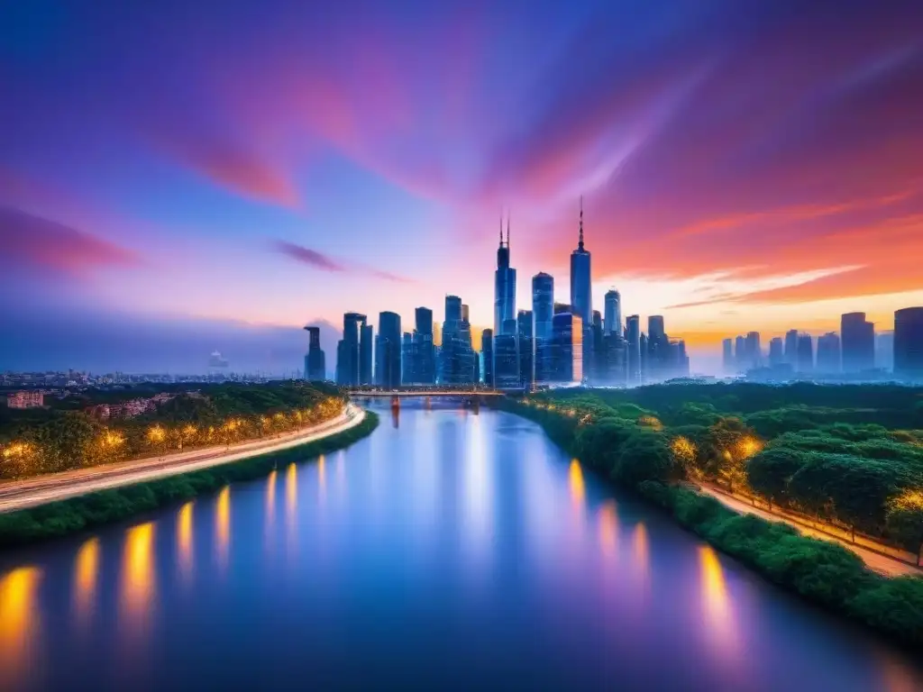 Horizonte urbano moderno al atardecer: inversión inmobiliaria Vibrante ciudad al atardecer con rascacielos modernos y luces brillantes, reflejando en el río