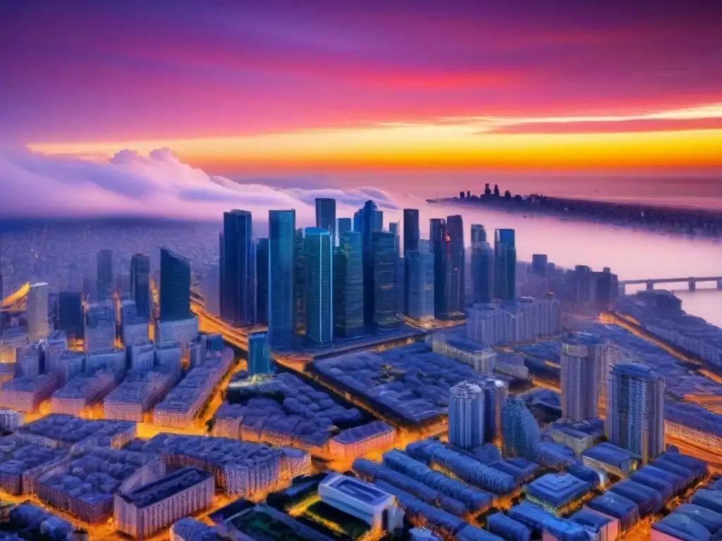 Espectacular ciudad moderna al atardecer Vibrante ciudad al atardecer, con rascacielos iluminados