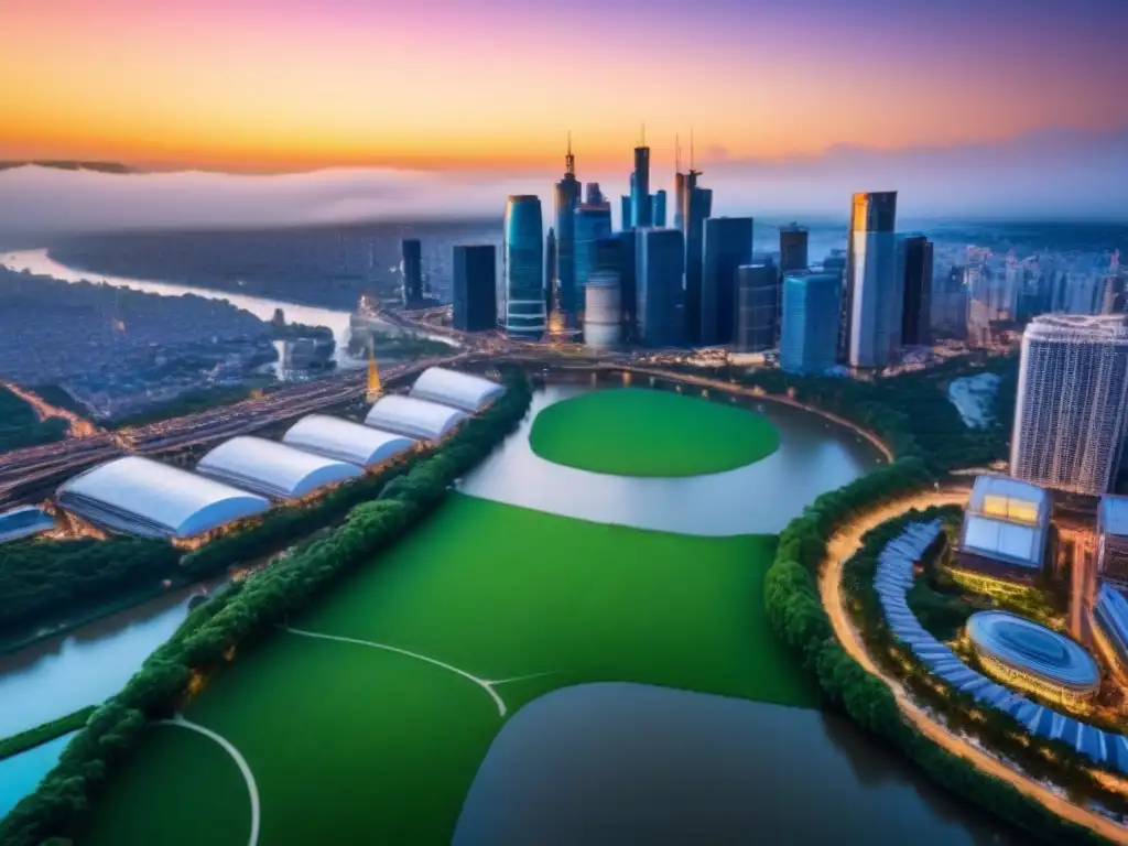 Horizonte urbano al atardecer: inversión inmobiliaria en ciudad vibrante Vibrante ciudad al atardecer con rascacielos y vegetación exuberante, ideal para inversión inmobiliaria internacional