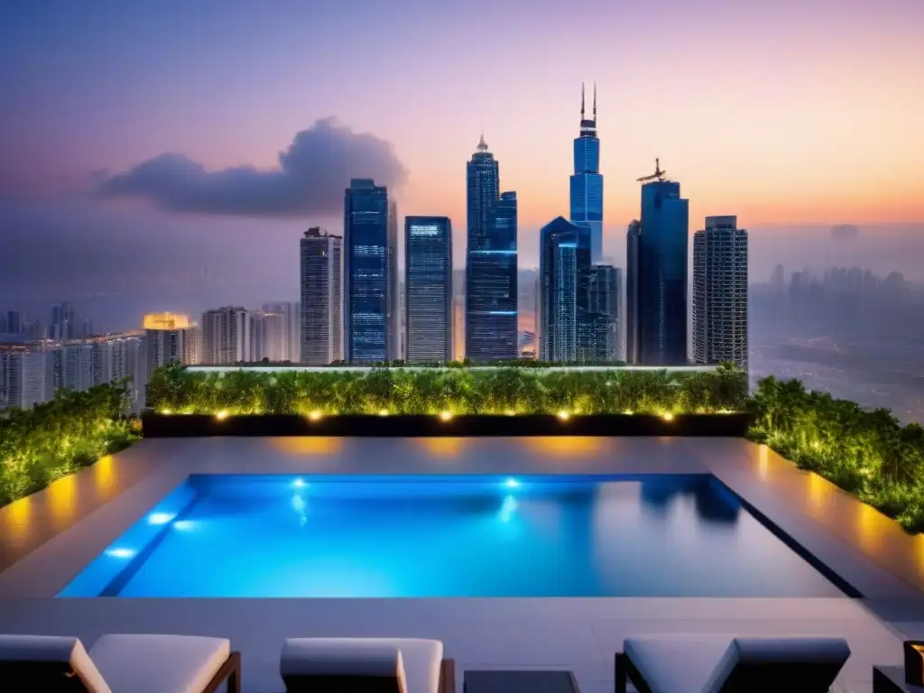 Cityscape de lujo: rascacielos iluminados al atardecer Vibrante ciudad al atardecer, con rascacielos iluminados y un lujoso edificio con piscina en la azotea