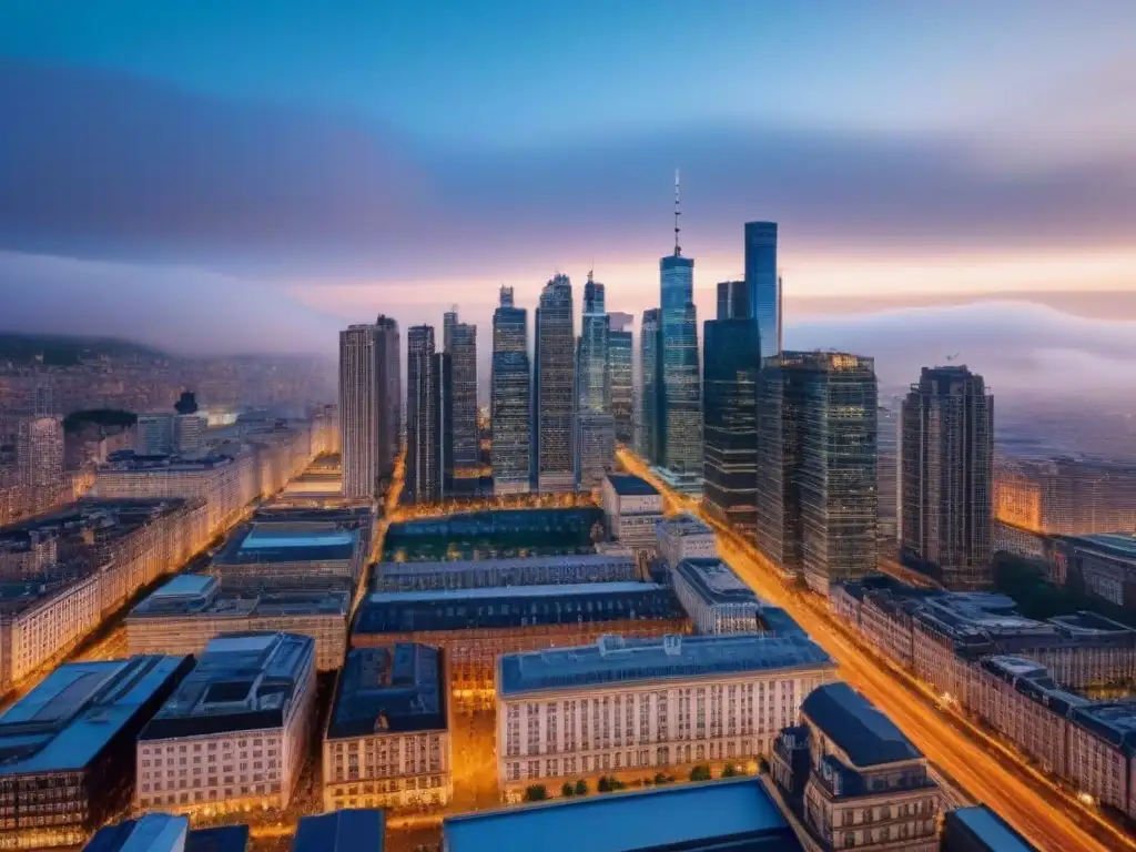 Horizonte urbano en transición: luces de ciudad al atardecer Vibrante ciudad al atardecer, entre rascacielos modernos y edificios históricos, reflejando la regulación inmobiliaria en economías en transición