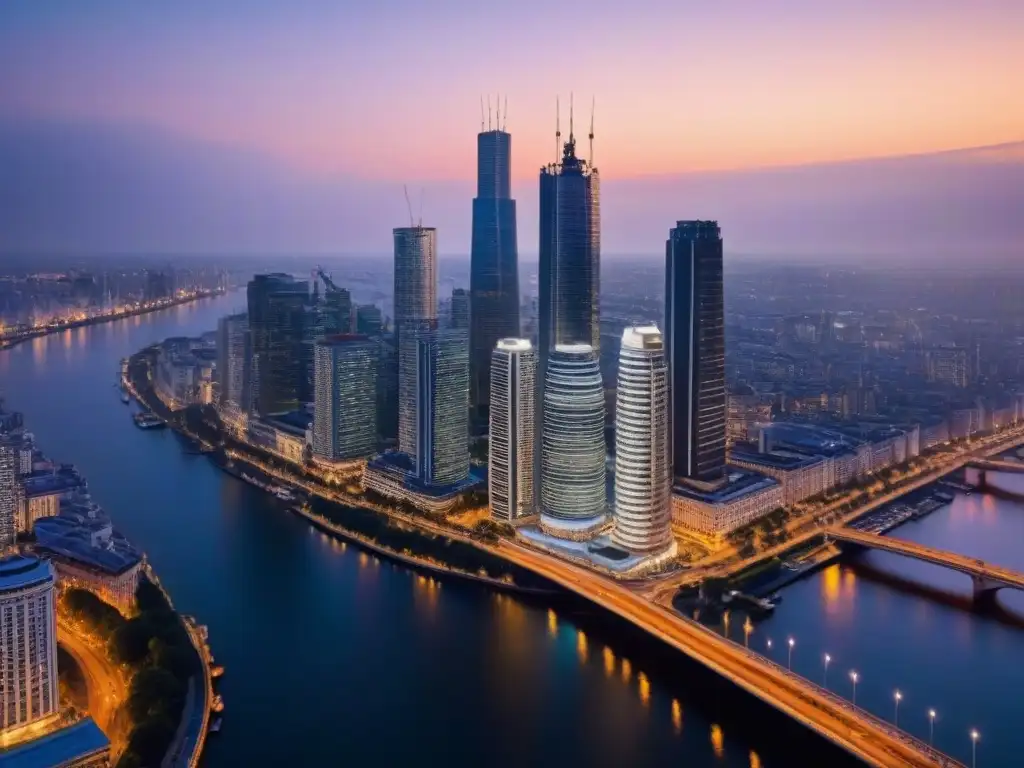 Metrópolis atardeciendo: fusión de modernidad y tradición Vibrante ciudad al atardecer con rascacielos modernos y edificios históricos iluminados
