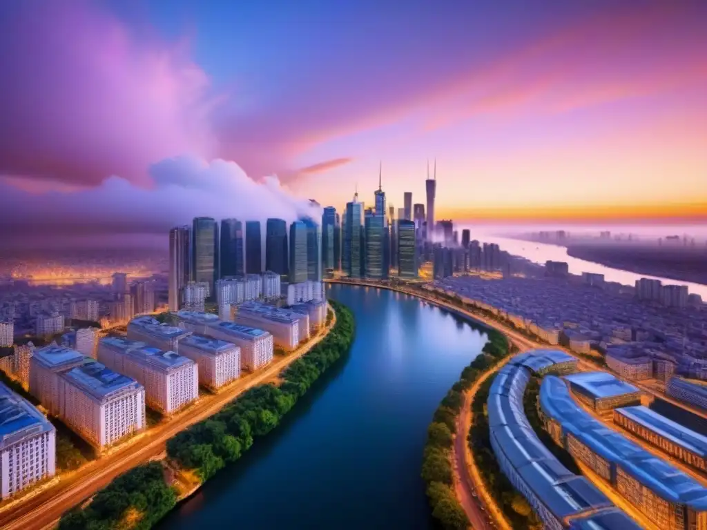 Vibrante ciudad al atardecer, rascacielos modernos y luces brillantes en el río