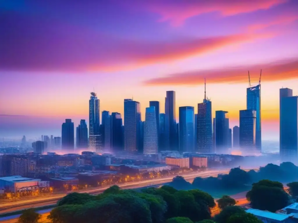 Horizonte urbano moderno al atardecer: luces y reflejos Una vibrante ciudad al atardecer con rascacielos modernos y luces brillantes, reflejando prosperidad e inversión en bienes raíces internacionales