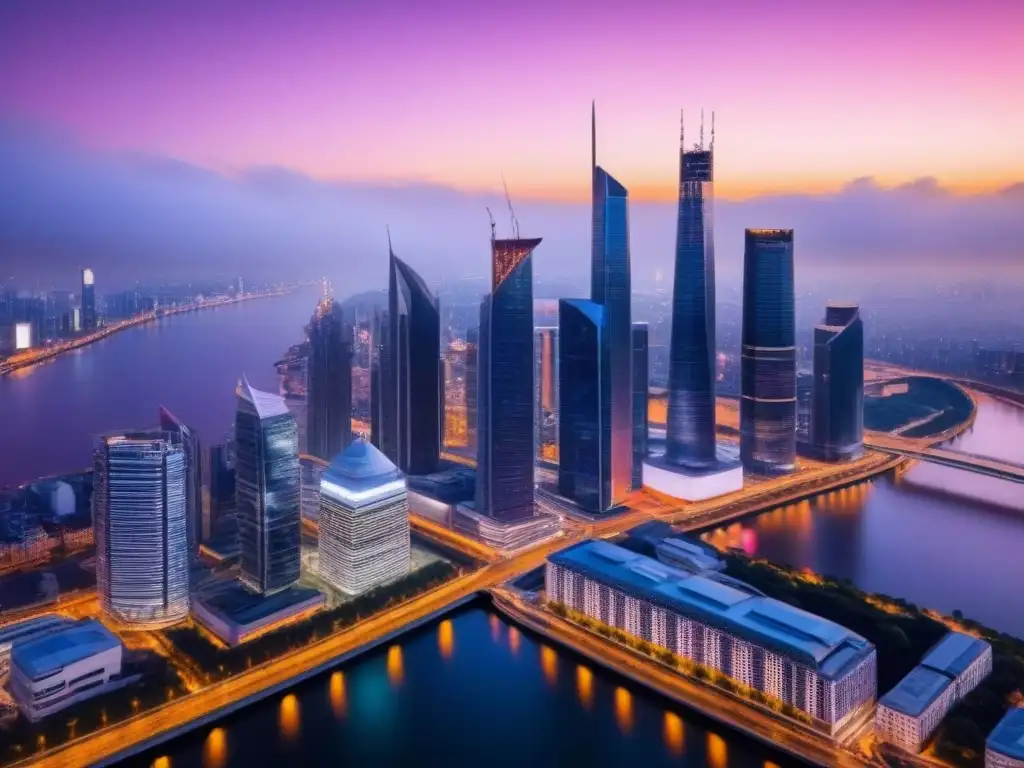 Inversión inmobiliaria: ciudad moderna al anochecer Vibrante ciudad al atardecer con rascacielos modernos iluminados y río serpenteante