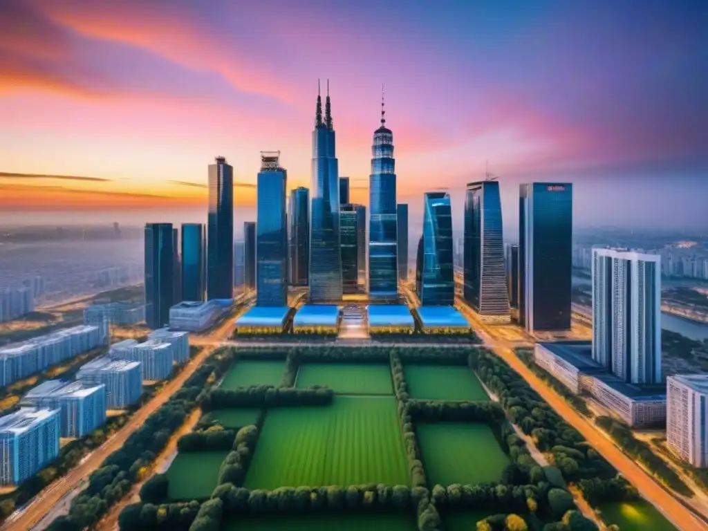 Horizonte urbano: sinergias post-merger en el mercado inmobiliario Vibrante ciudad al atardecer con rascacielos modernos