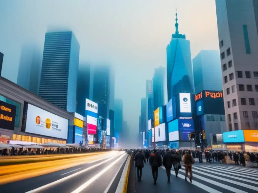 Skyline urbano al anochecer: migración urbana y mercado inmobiliario Vibrante ciudad al atardecer, con rascacielos iluminados y gente diversa en movimiento