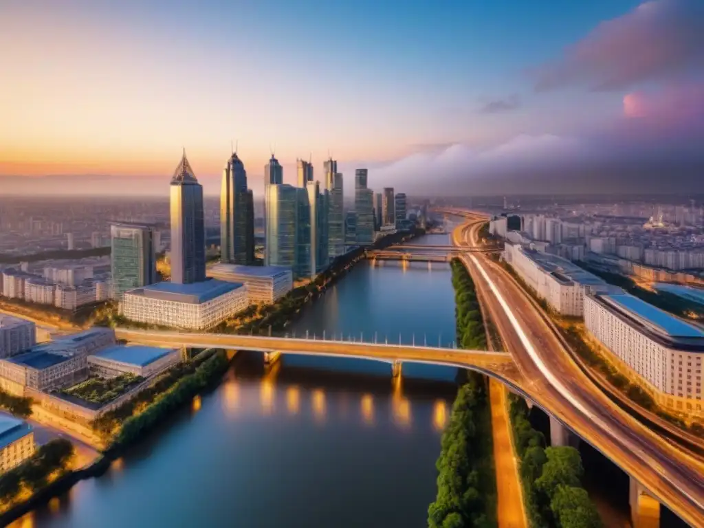 Espléndido atardecer en metrópolis moderna y verde Vibrante ciudad al atardecer, rascacielos, autos y puentes iluminados
