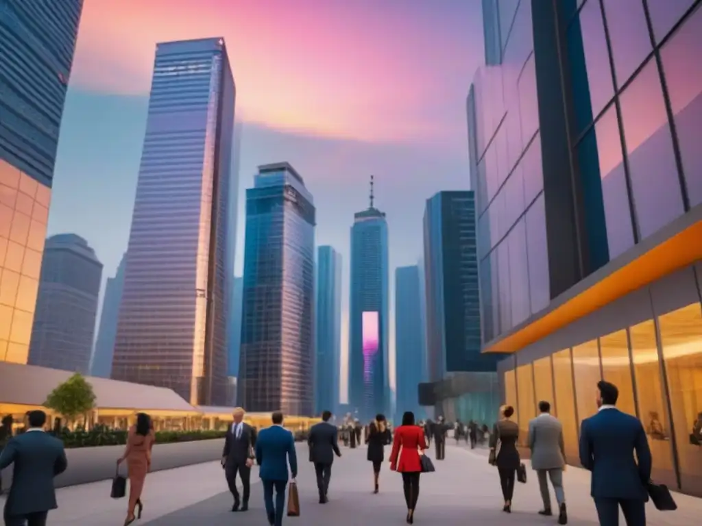 Metrópolis dinámica al atardecer: oportunidades de inversión inmobiliaria global Vibrante ciudad al atardecer con rascacielos y personas, simbolizando estrategias de inversión inmobiliaria internacional