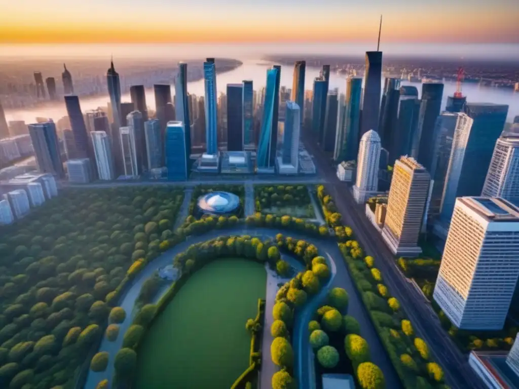 Horizonte urbano al atardecer: inversión inmobiliaria internacional Vibrante ciudad al atardecer con rascacielos, edificios históricos, agua y vegetación