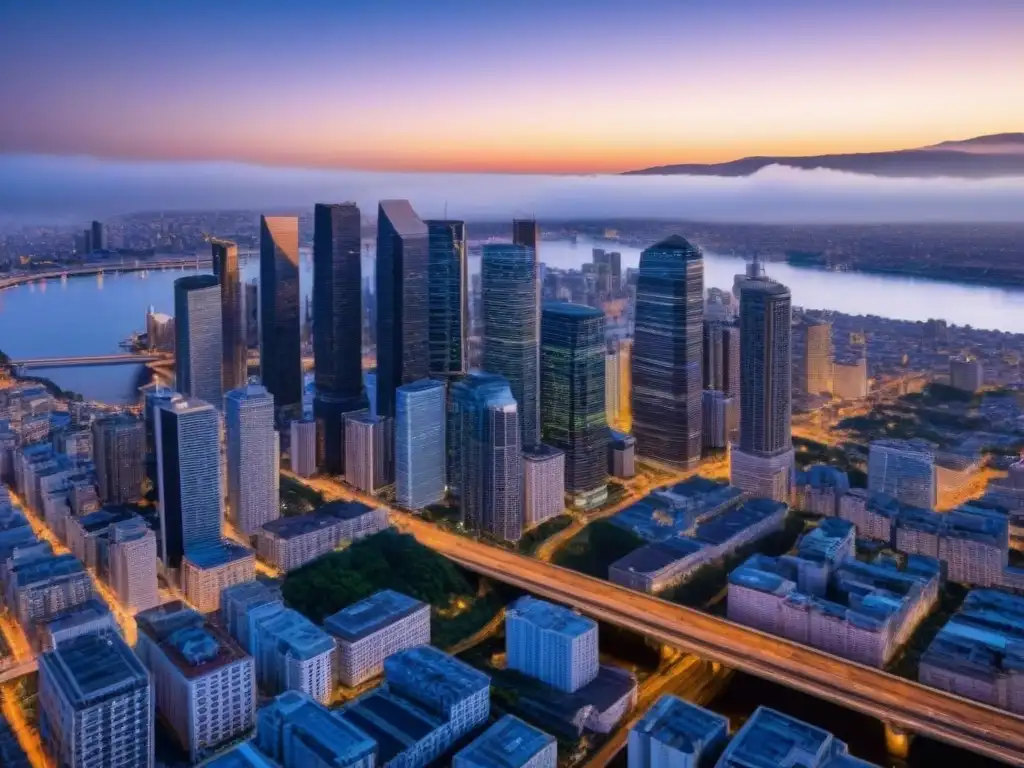 Horizonte urbano al atardecer: luces y modernidad en la ciudad Vibrante ciudad al atardecer, con rascacielos modernos y luces brillantes, representando la planificación estratégica salida inversionistas M&A